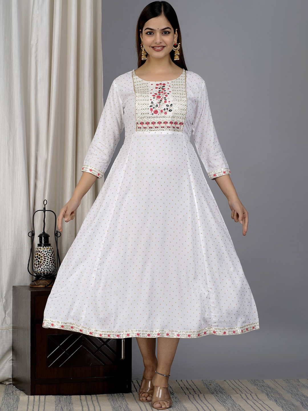 

ANJAYA Geometric Printed Sequinned Fit and Flare Midi Ethnic Dress, White