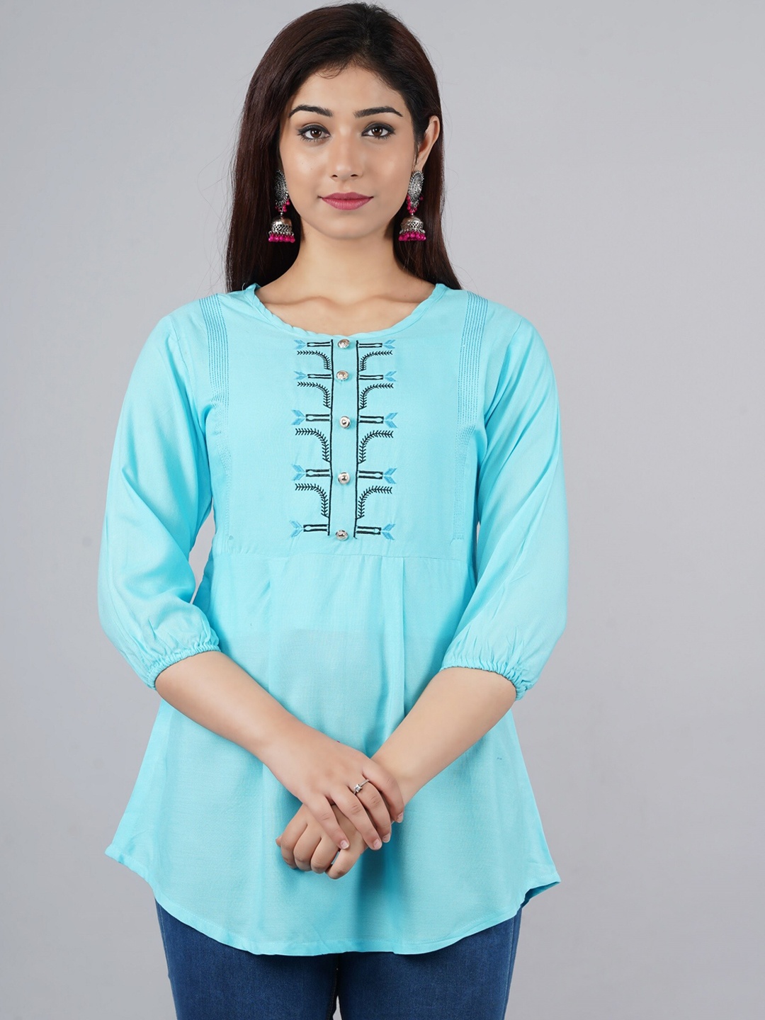 

ANJAYA Thread Work A-Line Kurta, Turquoise blue