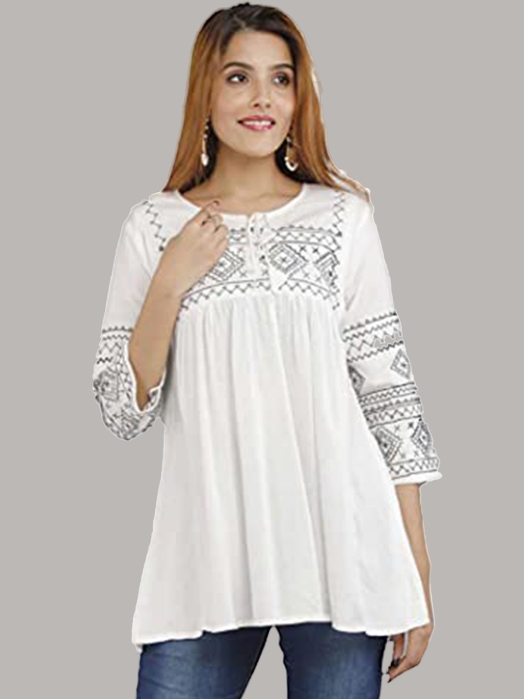 

ANJAYA Geometric Embroidered Tie-Up Neck Thread Work A-Line Kurti, White