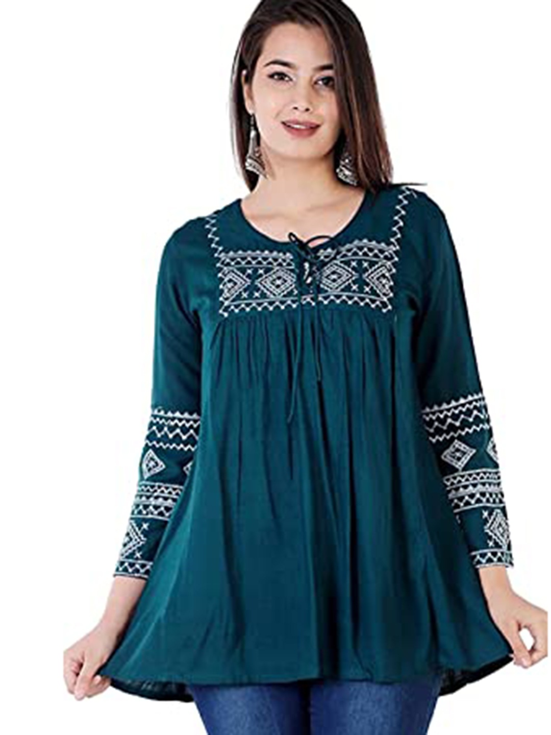 

ANJAYA Geometric Embroidered Tie-Up Neck Thread Work A-Line Kurti, Blue