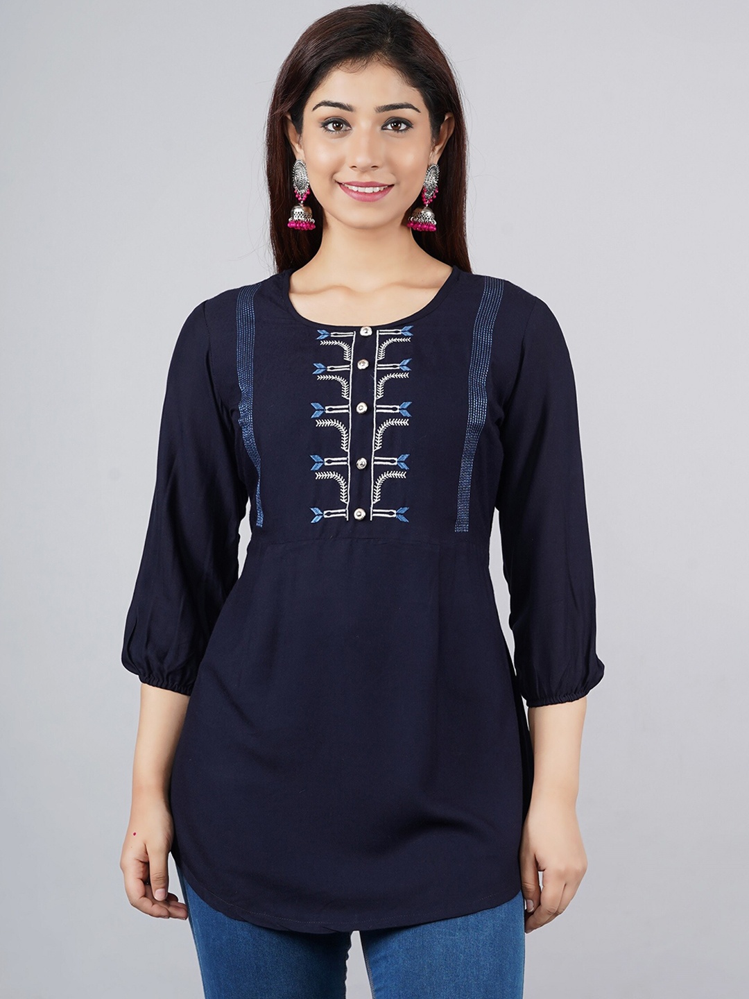 

ANJAYA Geometric Embroidered Tie Up Neck Longline A-Line Kurti, Navy blue
