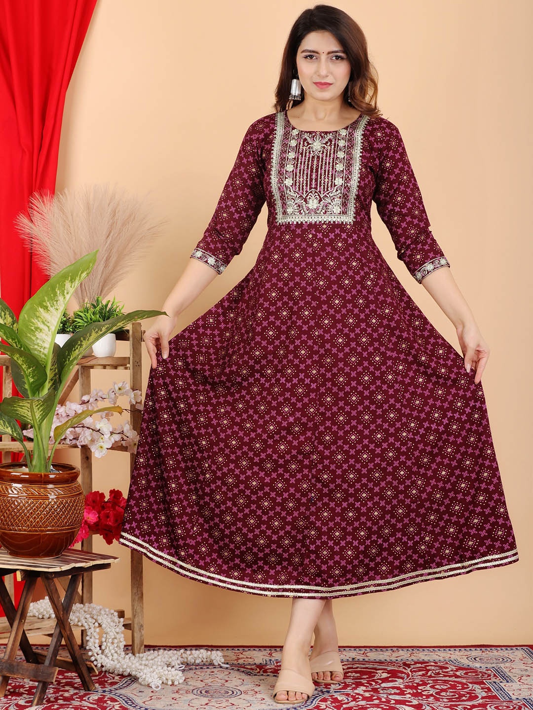 

ANJAYA Ethnic Motifs Printed Round Neck Embroidered A-Line Ethnic Dress, Maroon