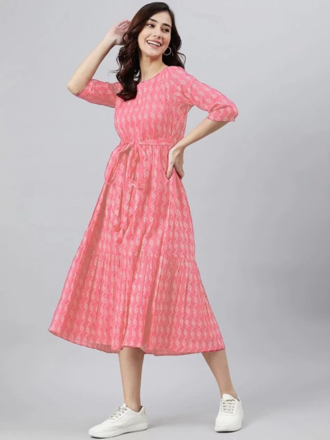 

ANJAYA Ethnic Motifs Printed Gathered Detailed Fit & Flare Midi Dress, Peach