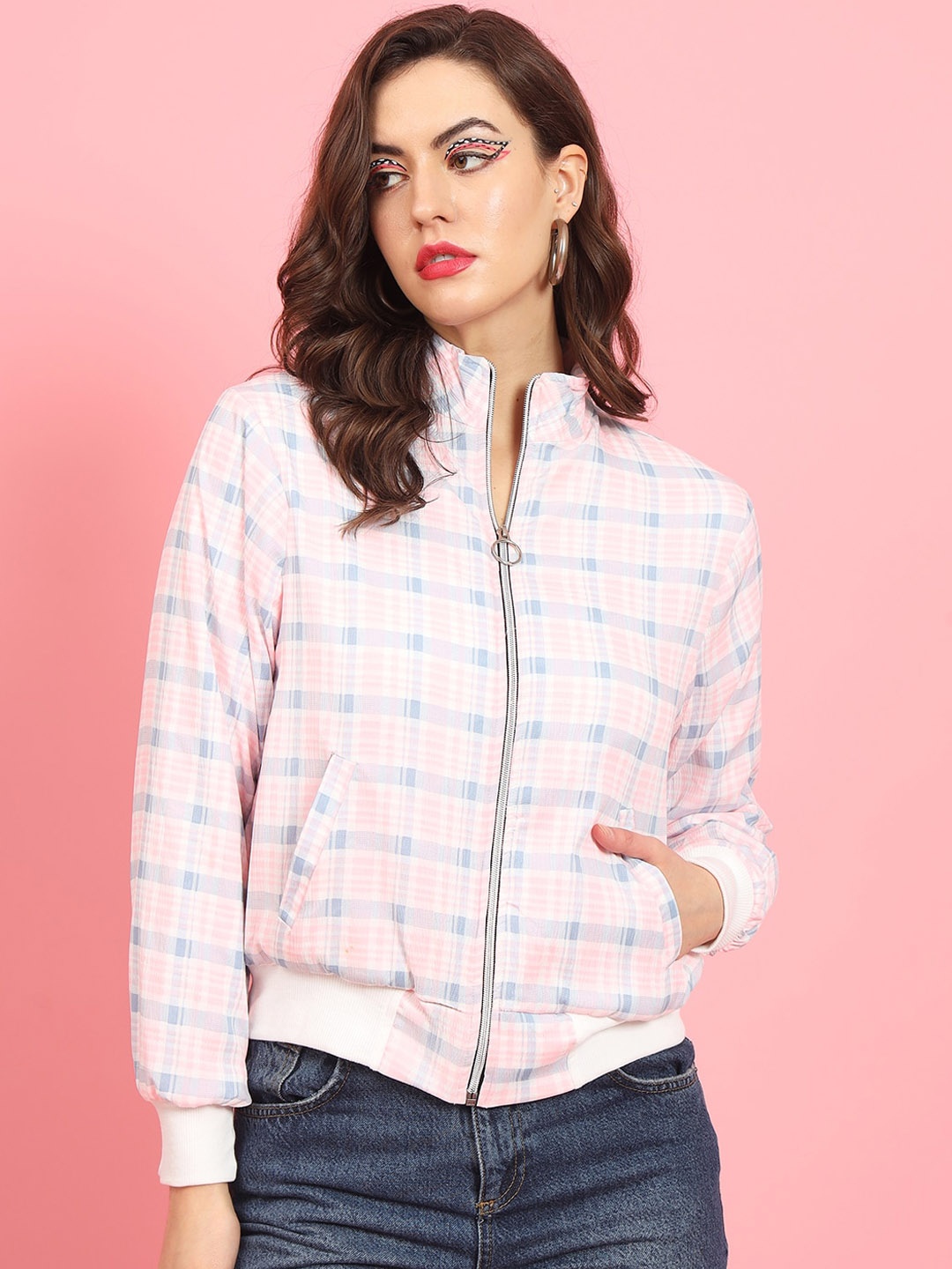 

MAZIE Lightweight Checked Crop Bomber Jacket, Pink