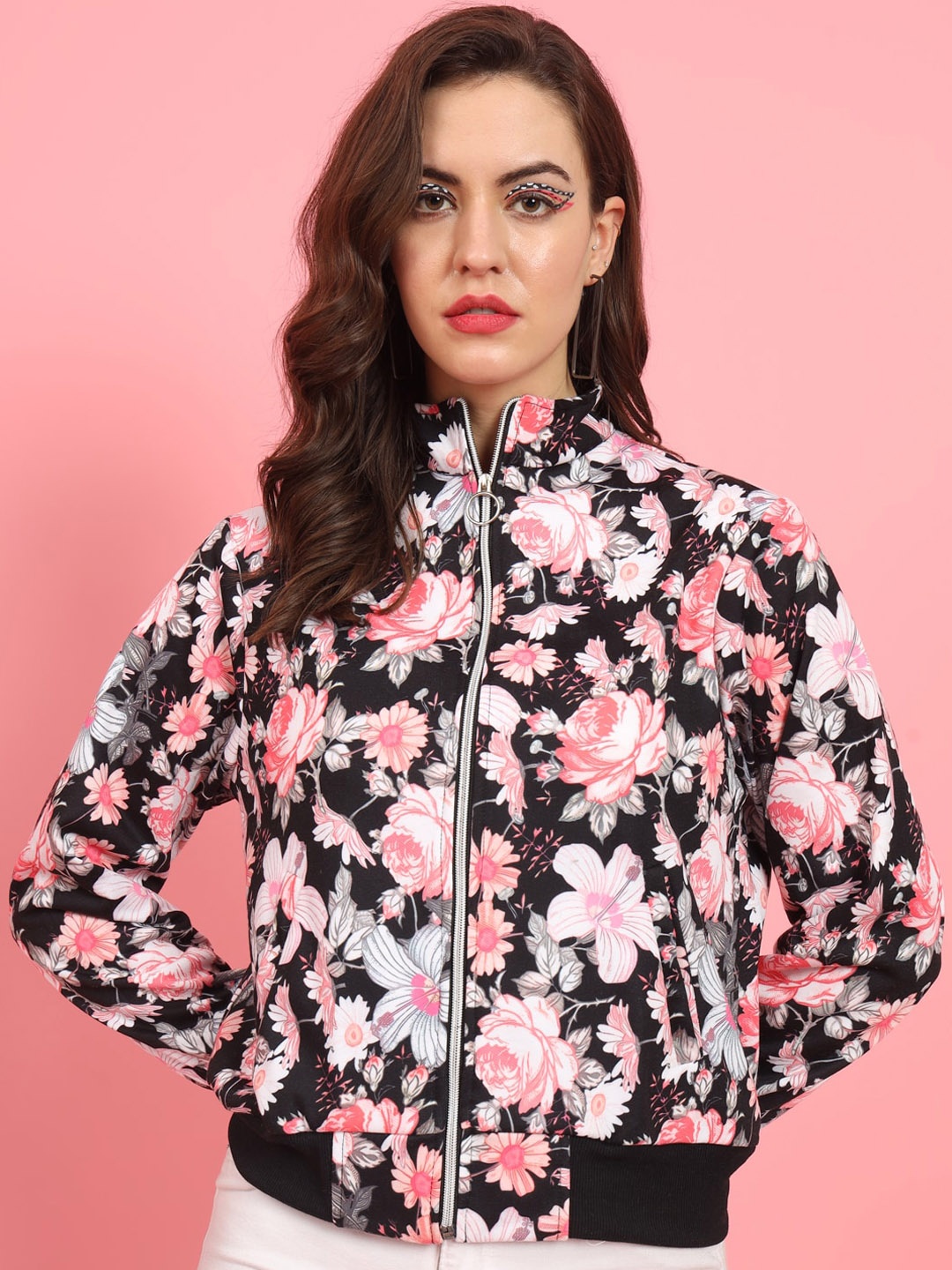 

MAZIE Lightweight Floral Printed Fleece Bomber Jacket, Black