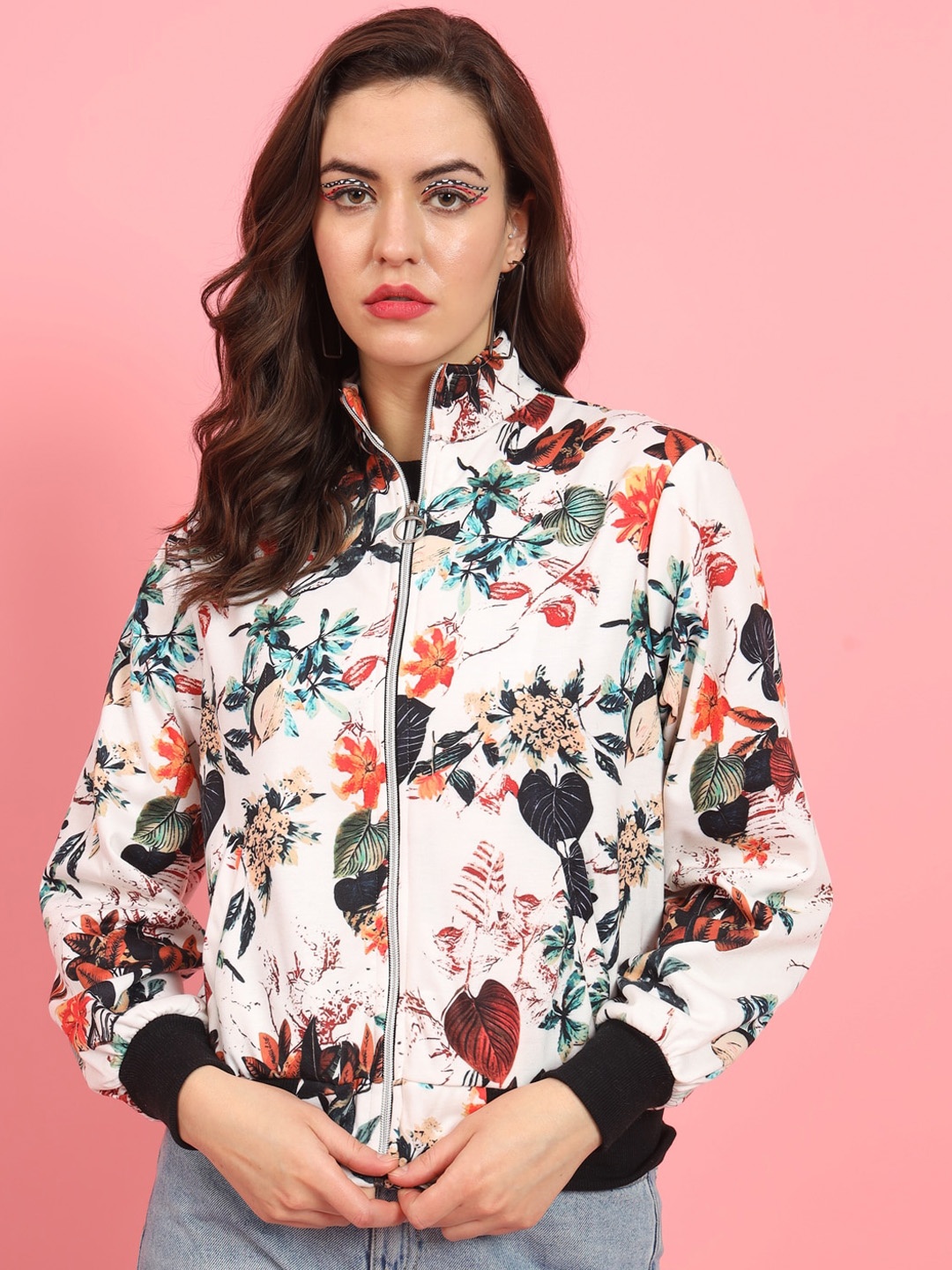 

MAZIE Lightweight Floral Printed Fleece Crop Bomber Jacket, White