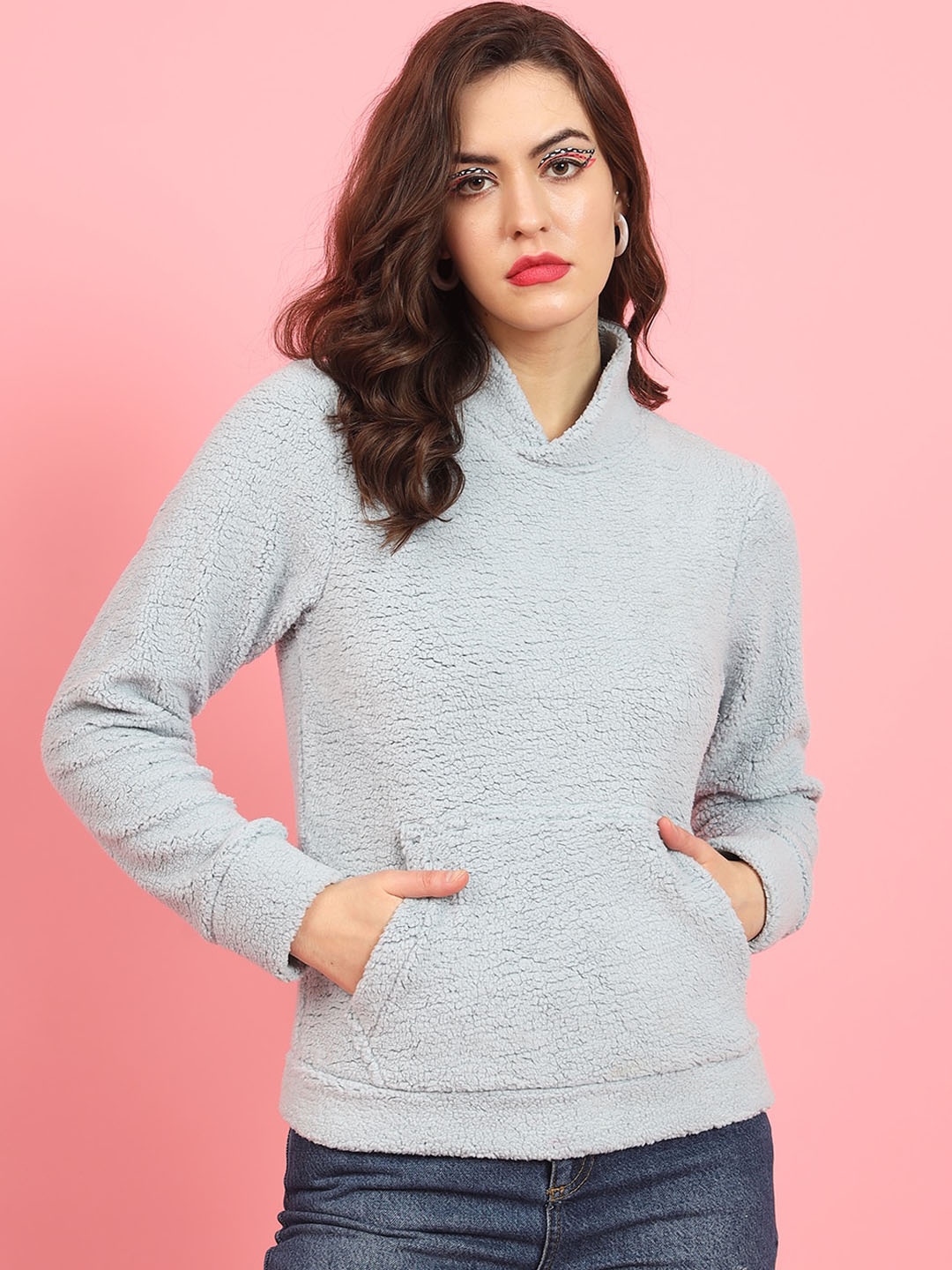 

MAZIE Mock Collar Long Sleeves Faux Fur Pullover Sweater With Fuzzy Detail, Grey