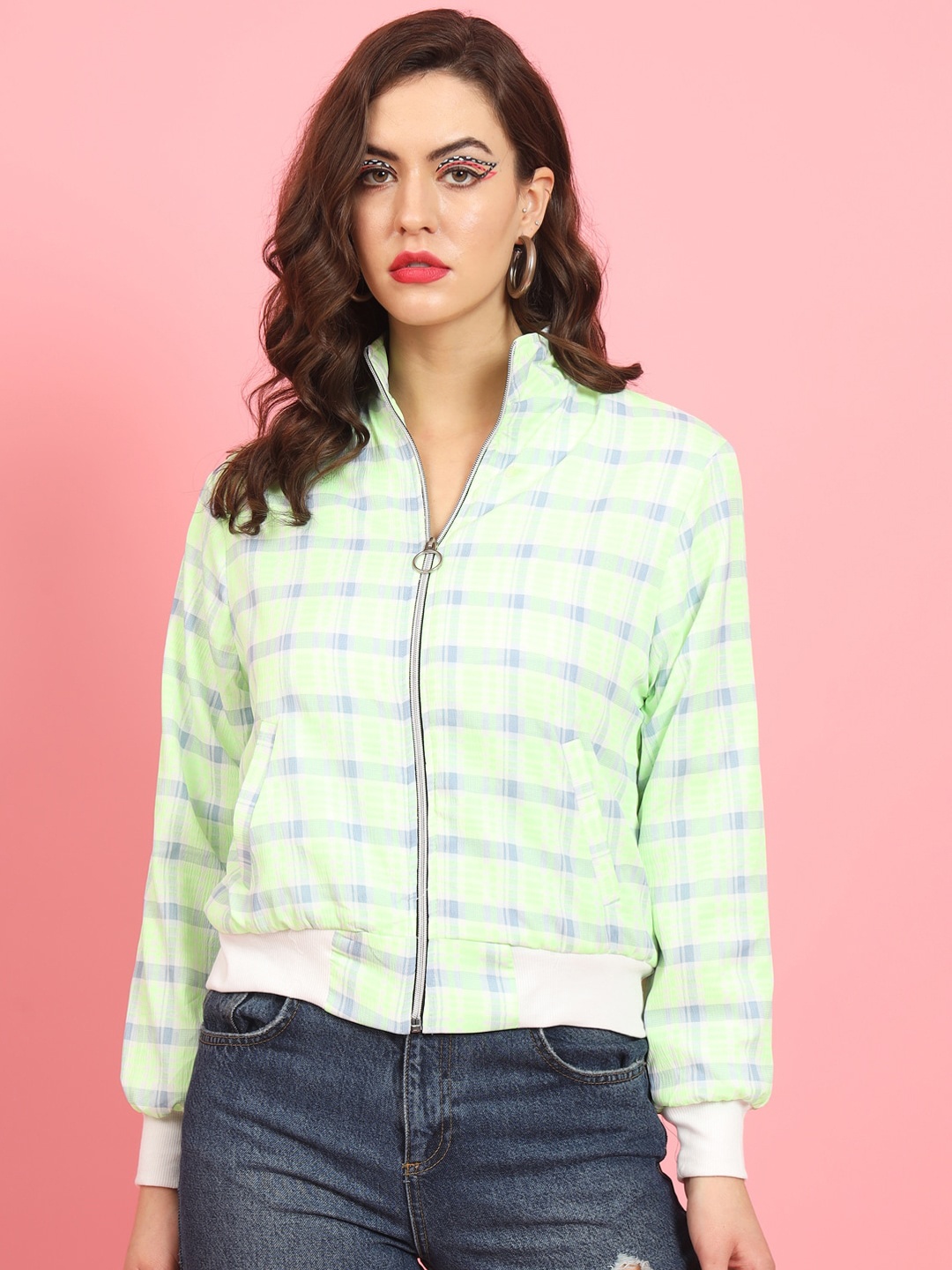 

MAZIE Checked Mock Collar Lightweight Crop Bomber Jacket, Green