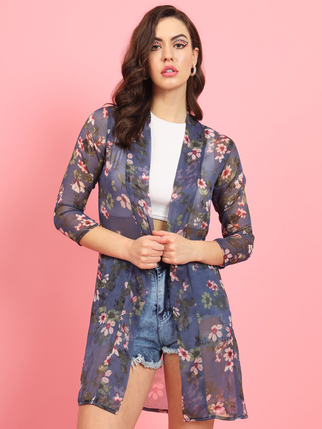 

MAZIE Floral Printed Longline Open Front Shrug, Blue