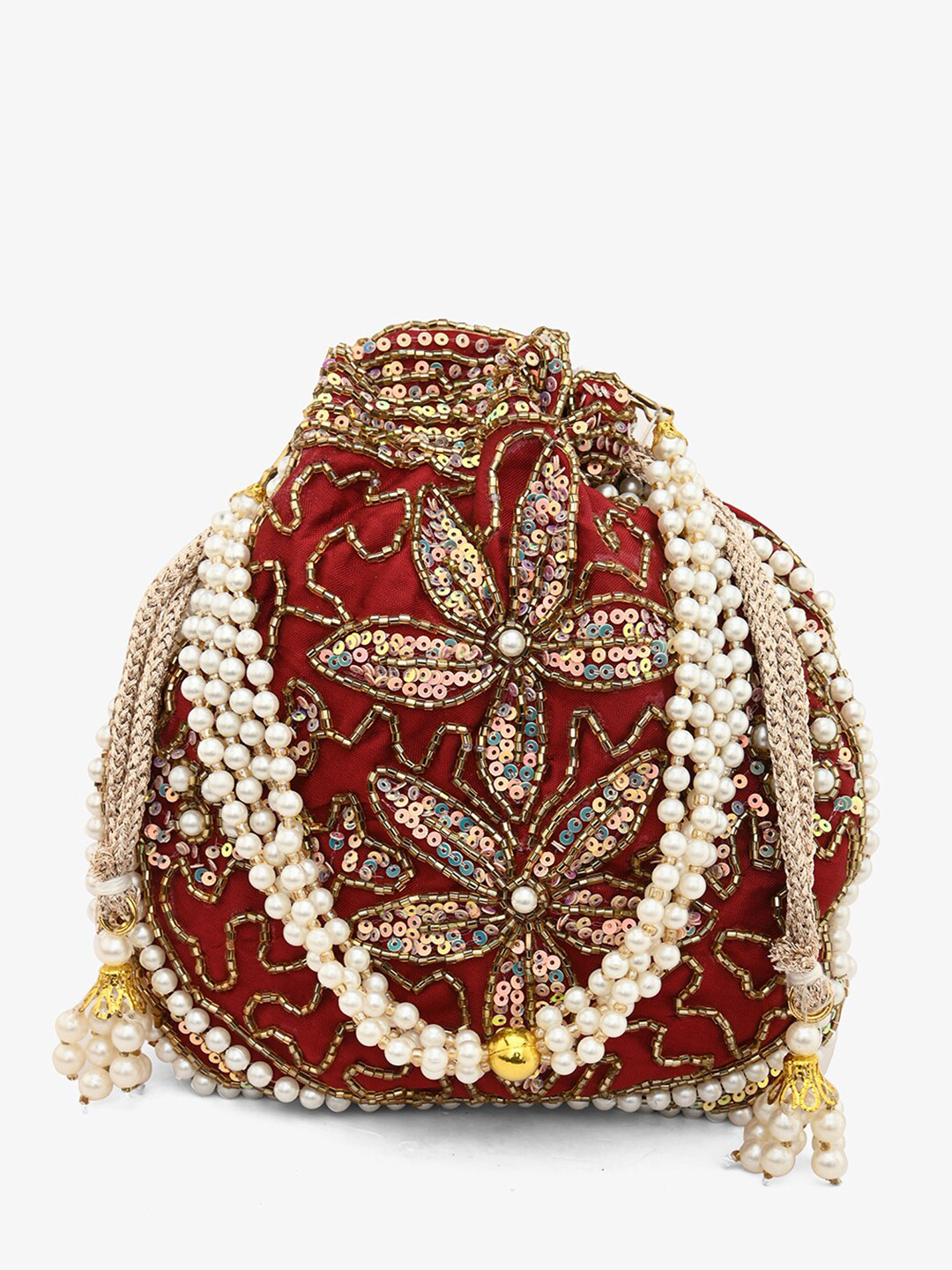 

gaura pakhi Embroidered Embellished Potli Clutch, Maroon