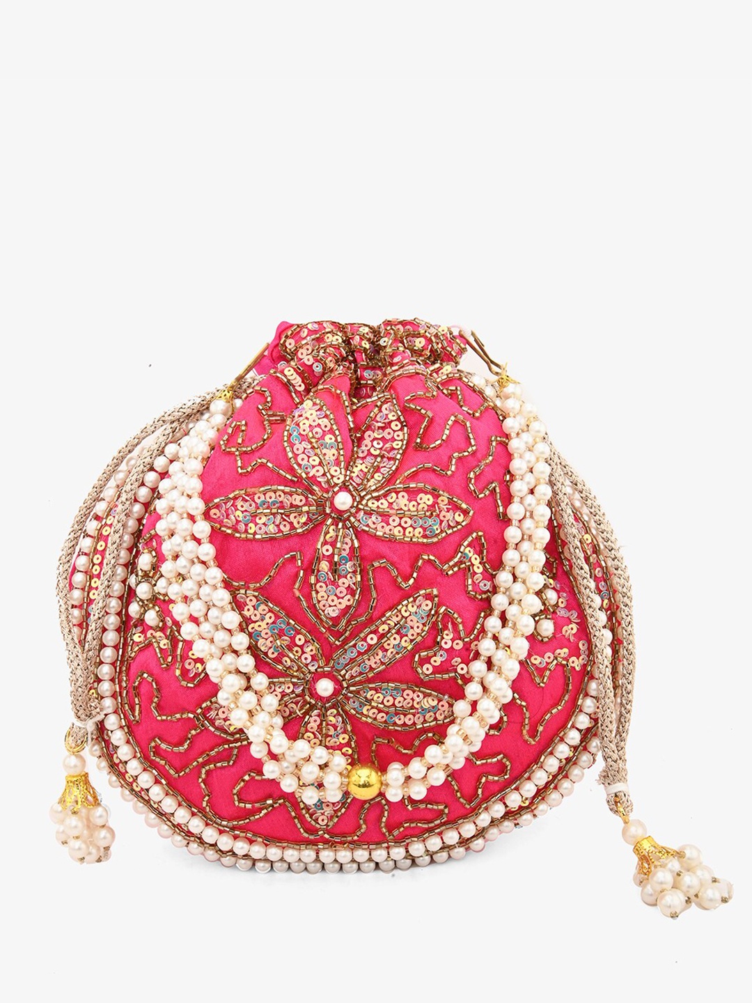 

gaura pakhi Embroidered Wrist Loop Embellished Potli Clutch, Pink