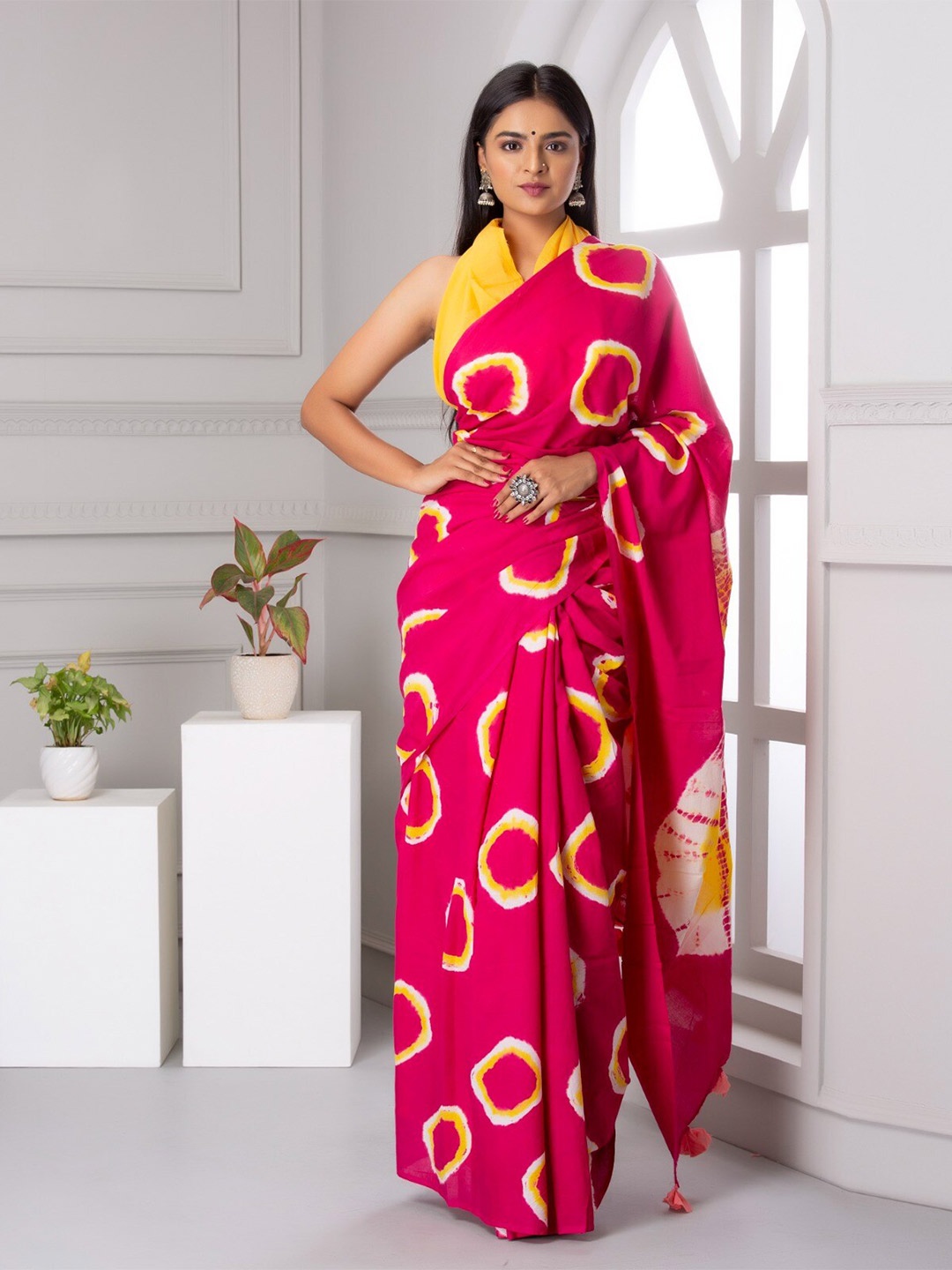 

JALTHER Tie and Dye Printed Pure Cotton Saree, Pink
