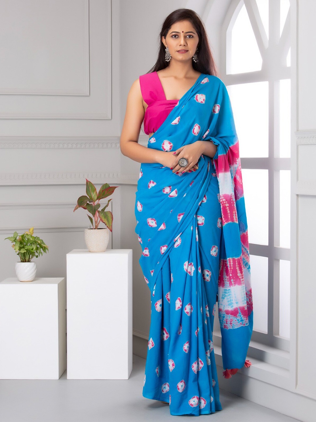 

KIAARON Bandhani Pure Cotton Block Print Saree, Blue