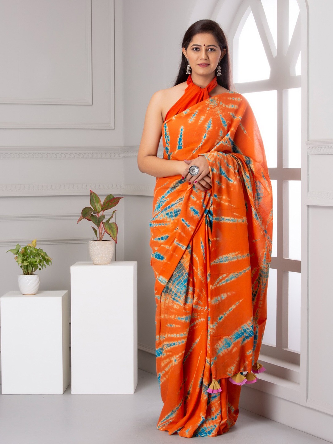 

KIAARON Tie and Dye Pure Cotton Block Print Saree, Orange