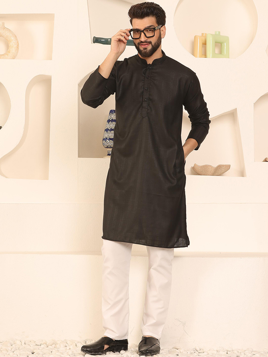 

Armaan Ethnic Woven Design Cotton Straight Kurta, Black