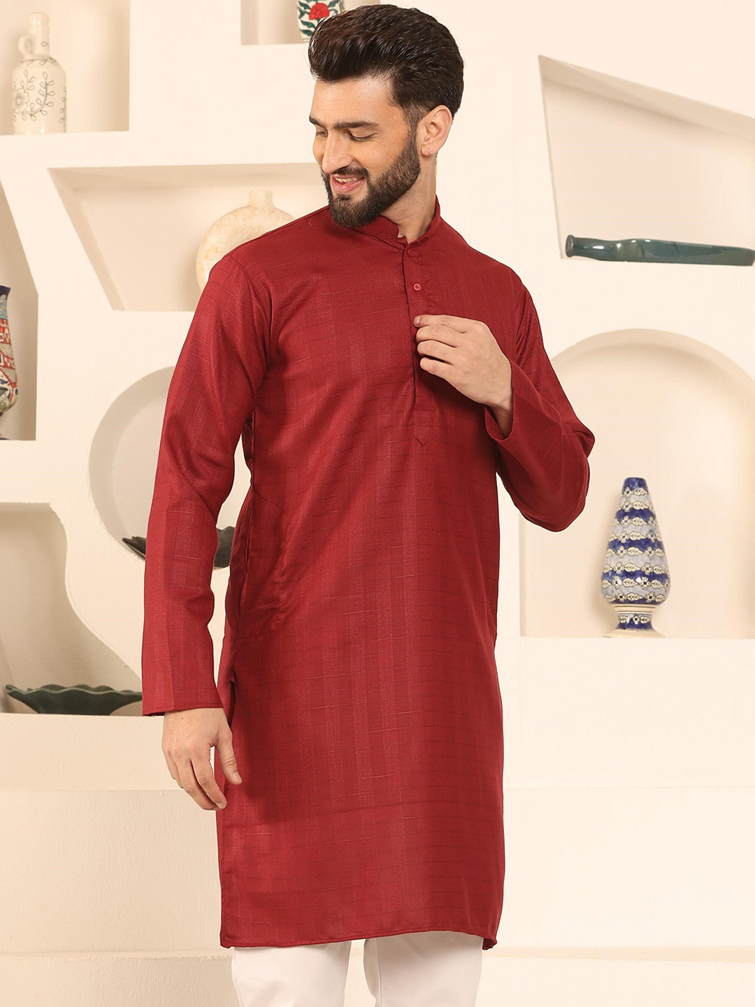 

Armaan Ethnic Striped Mandarin Collar Cotton Straight Kurta, Red
