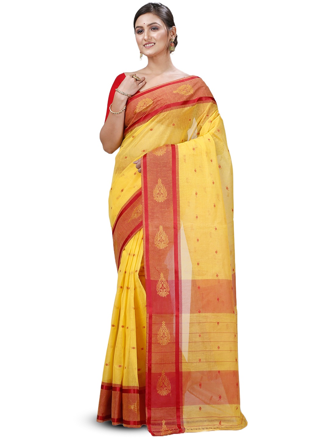 

PuJoy Ethnic Motifs Woven Design Zari Pure Cotton Taant Saree, Yellow