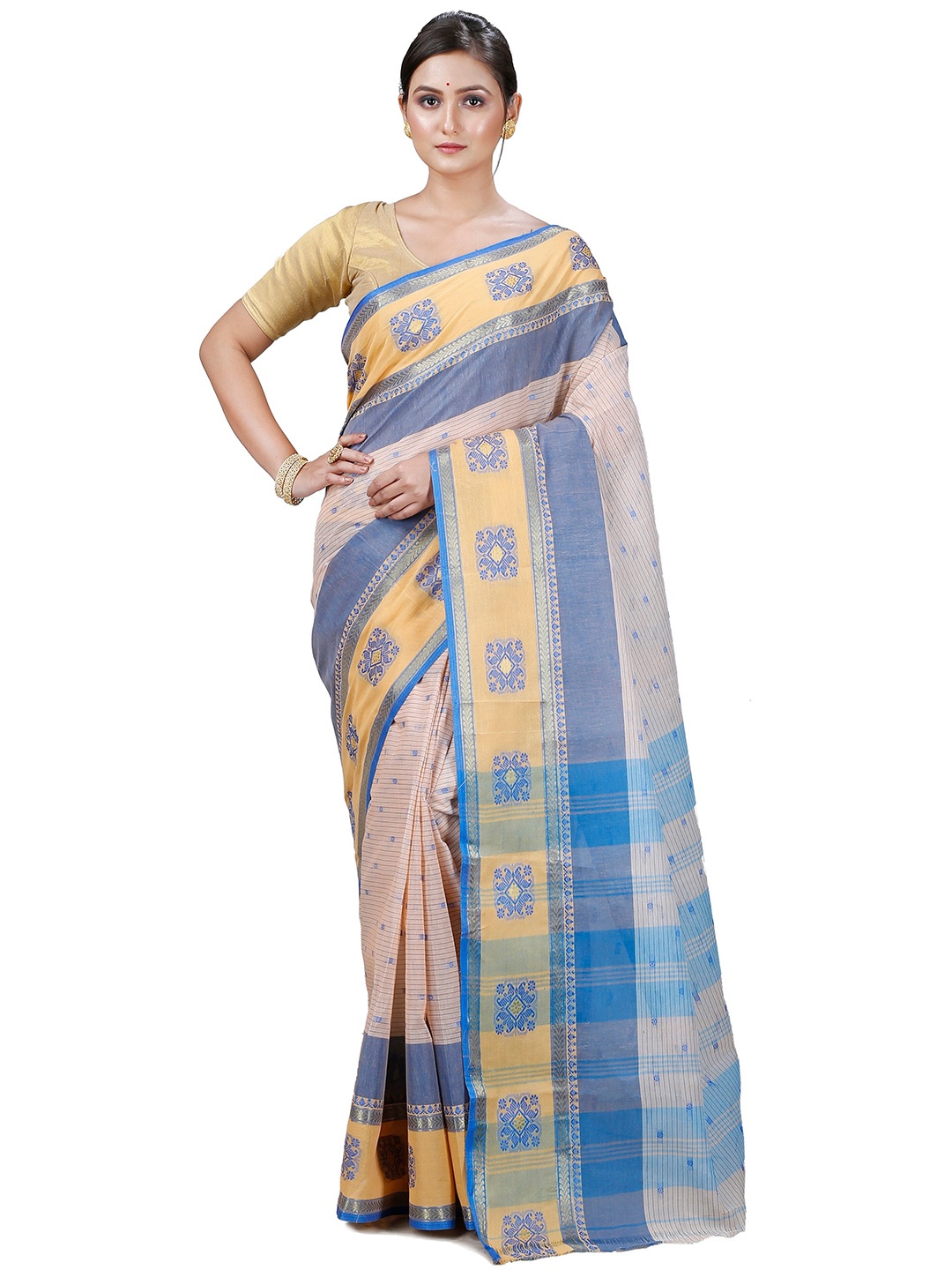 

PuJoy Ethnic Motifs Woven Design Pure Cotton Taant Saree, Off white