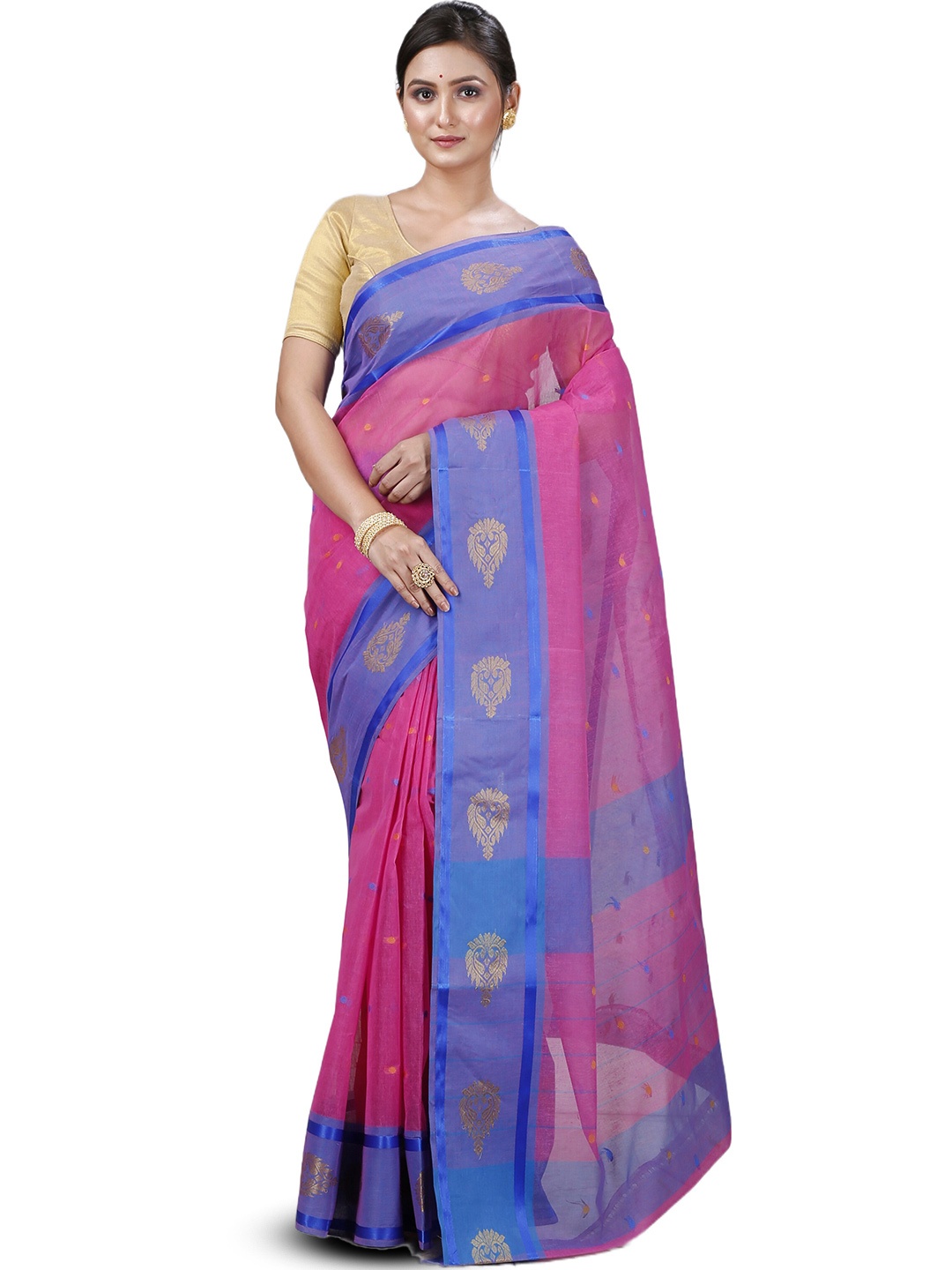 

PuJoy Ethnic Motifs Woven Design Zari Pure Cotton Taant Saree, Pink