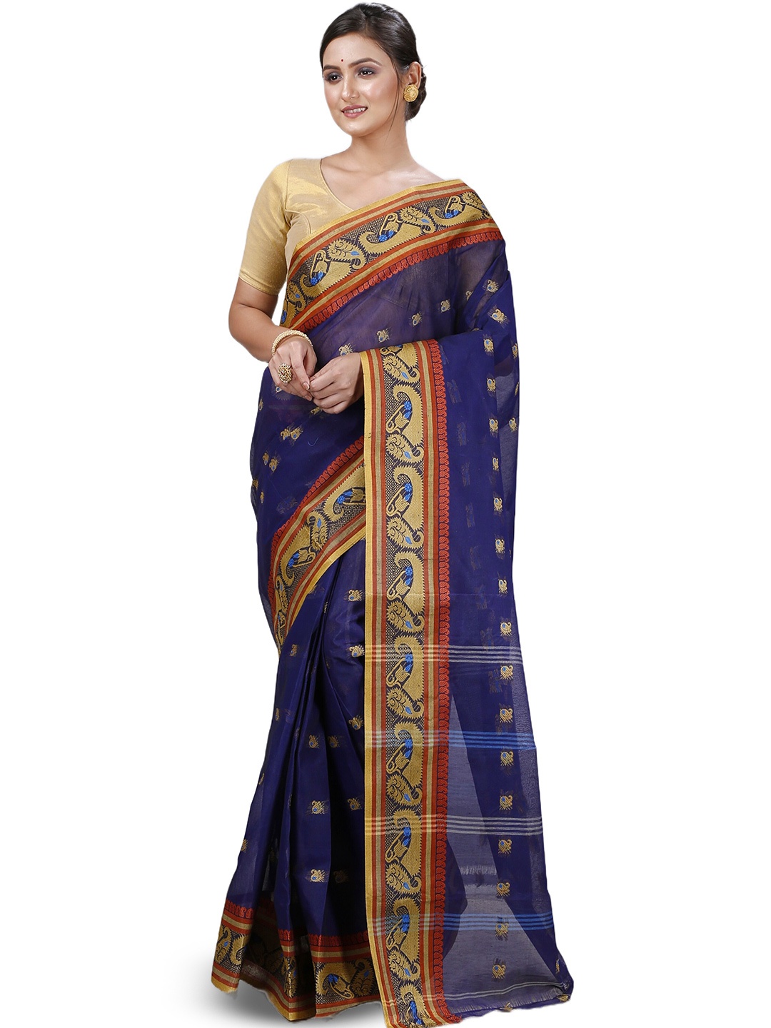 

PuJoy Ethnic Motifs Woven Design Zari Pure Cotton Taant Saree, Blue