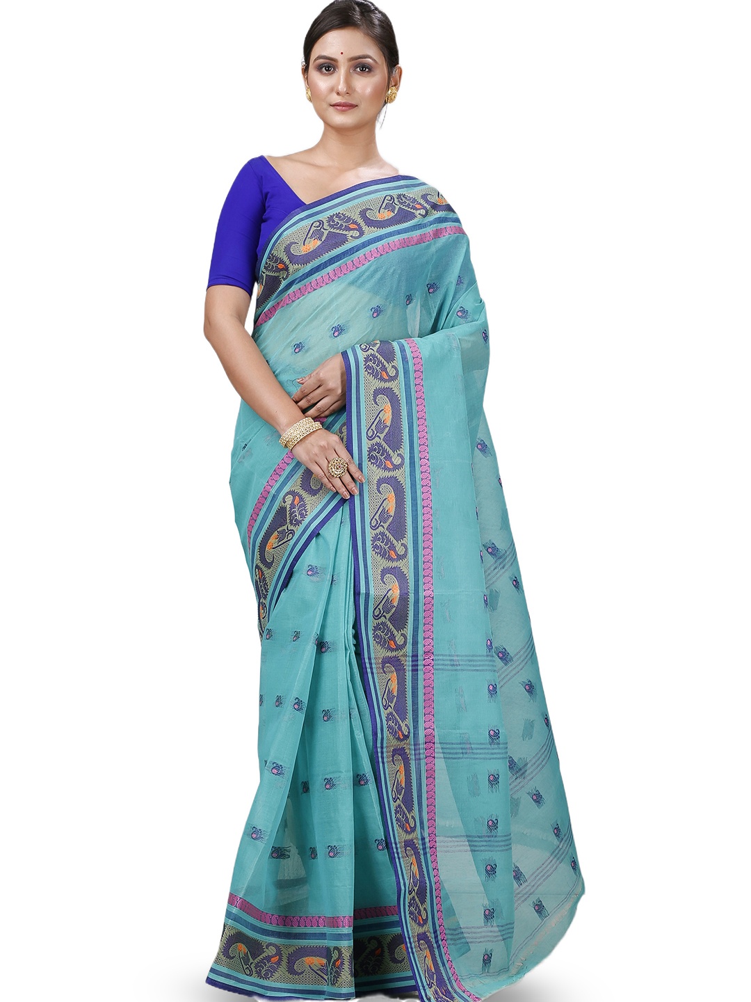 

PuJoy Ethnic Motifs Woven Design Pure Cotton Taant Saree, Blue