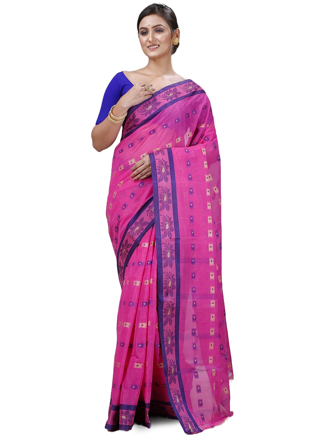 

PuJoy Ethnic Motifs Woven Design Zari Pure Cotton Taant Saree, Pink