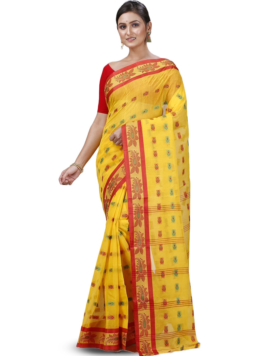 

PuJoy Ethnic Motifs Woven Design Pure Cotton Taant Saree, Yellow