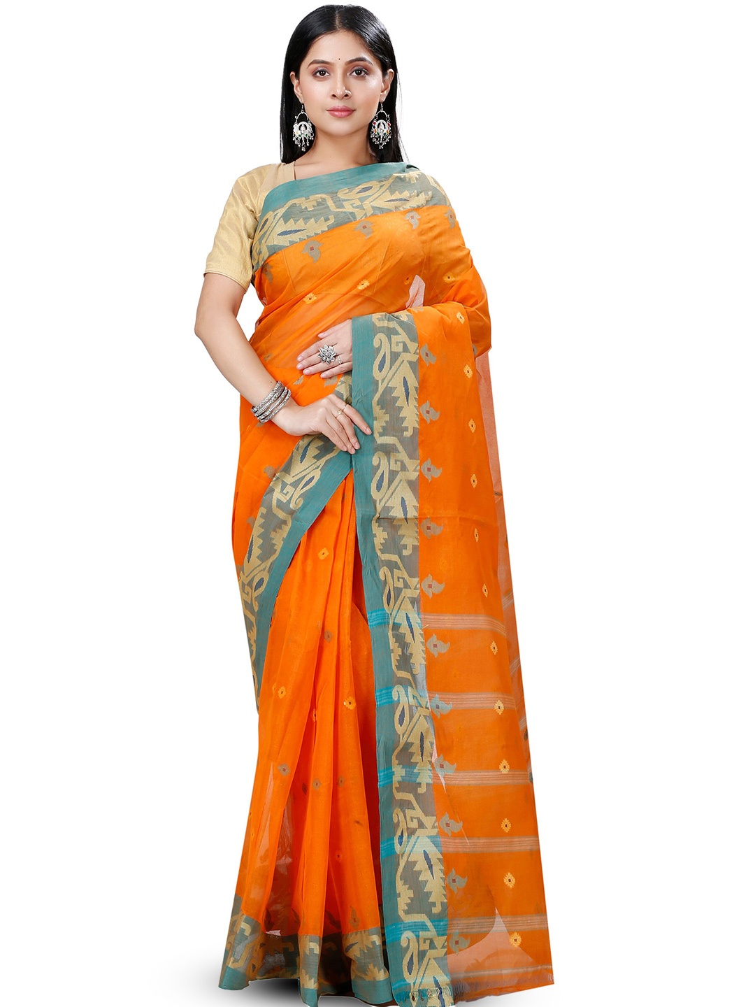 

PuJoy Ethnic Motifs Woven Design Pure Cotton Taant Saree, Orange