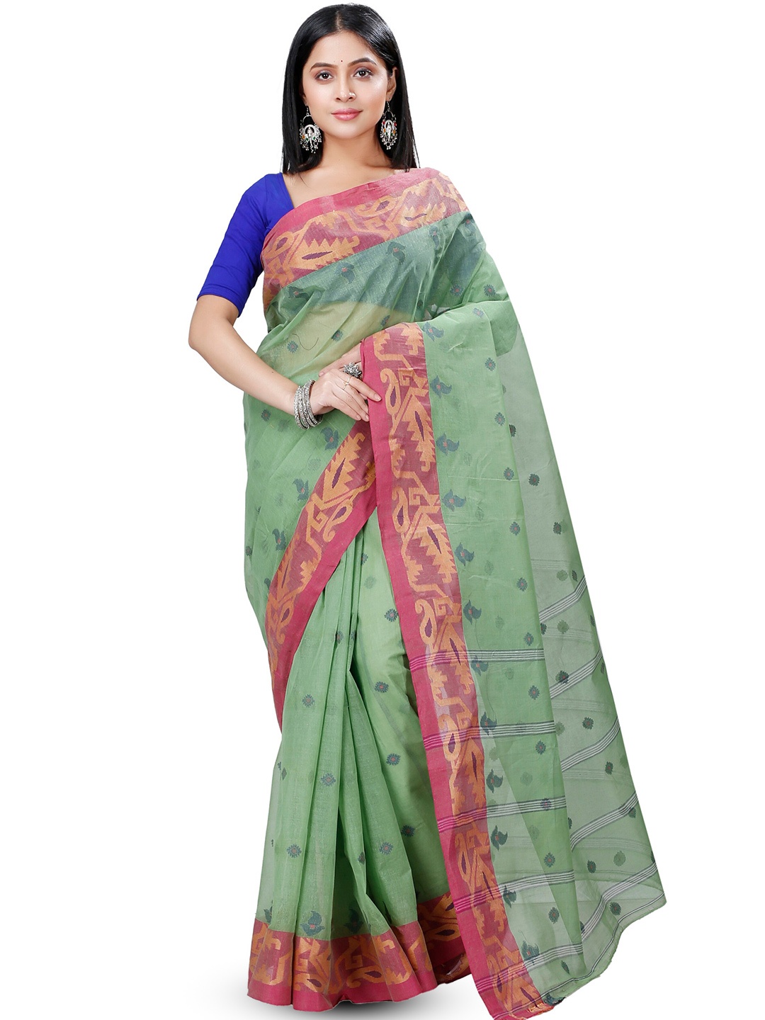 

PuJoy Ethnic Motifs Woven Design Pure Cotton Taant Saree, Green