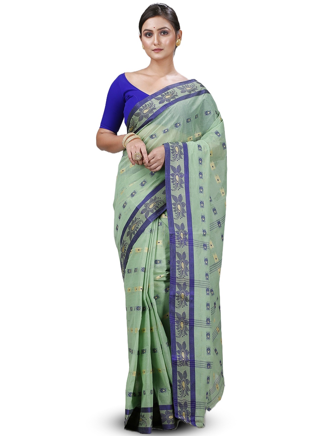 

PuJoy Ethnic Motifs Woven Design Pure Cotton Taant Saree, Green