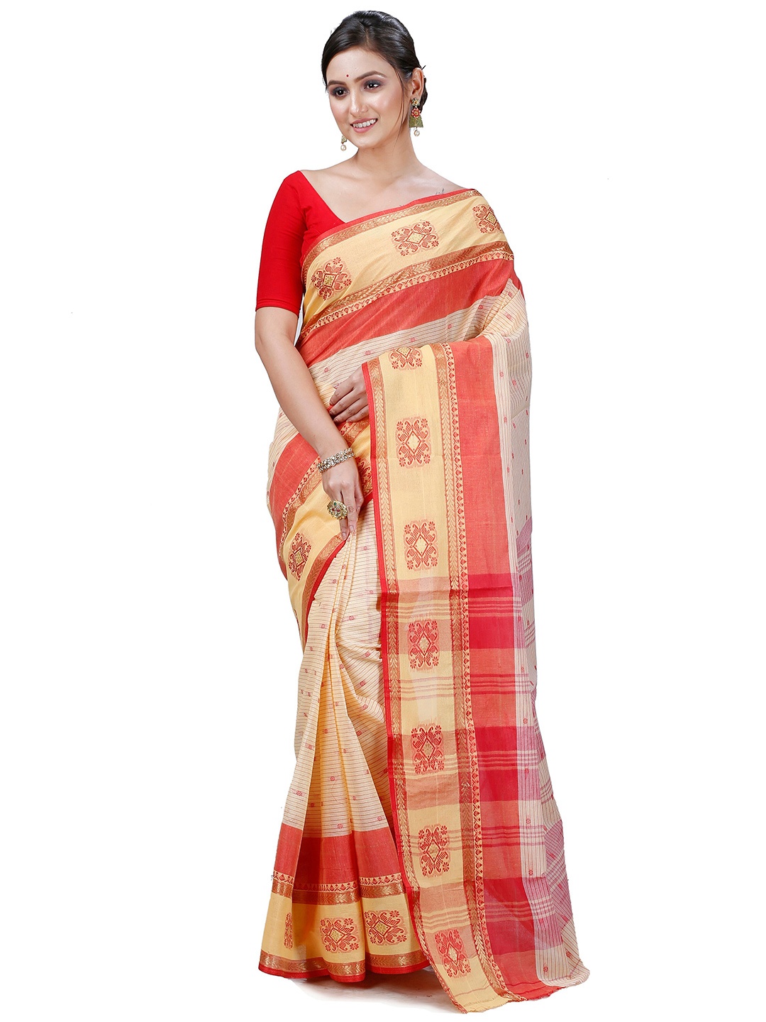 

PuJoy Ethnic Motifs Woven Design Pure Cotton Taant Saree, Red