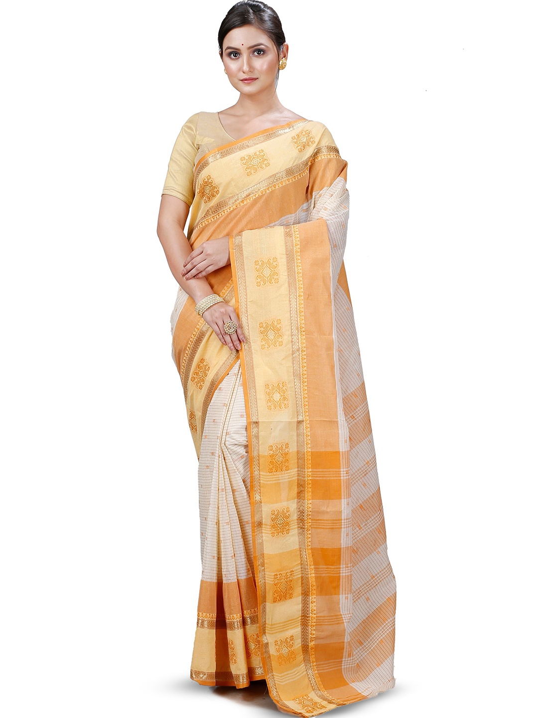 

PuJoy Striped Woven Design Zari Pure Cotton Taant Saree, Yellow