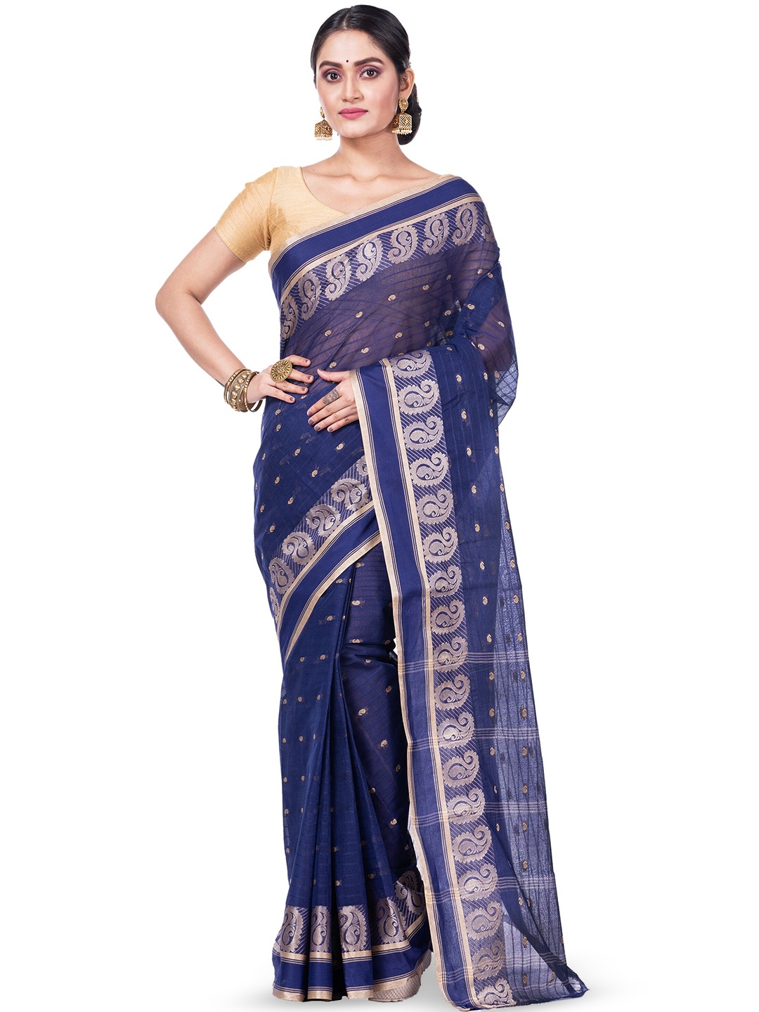 

PuJoy Ethnic Motifs Woven Design Pure Cotton Taant Saree, Navy blue