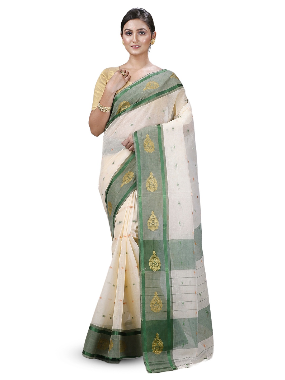 

PuJoy Ethnic Motifs Woven Design Zari Pure Cotton Taant Saree, Cream