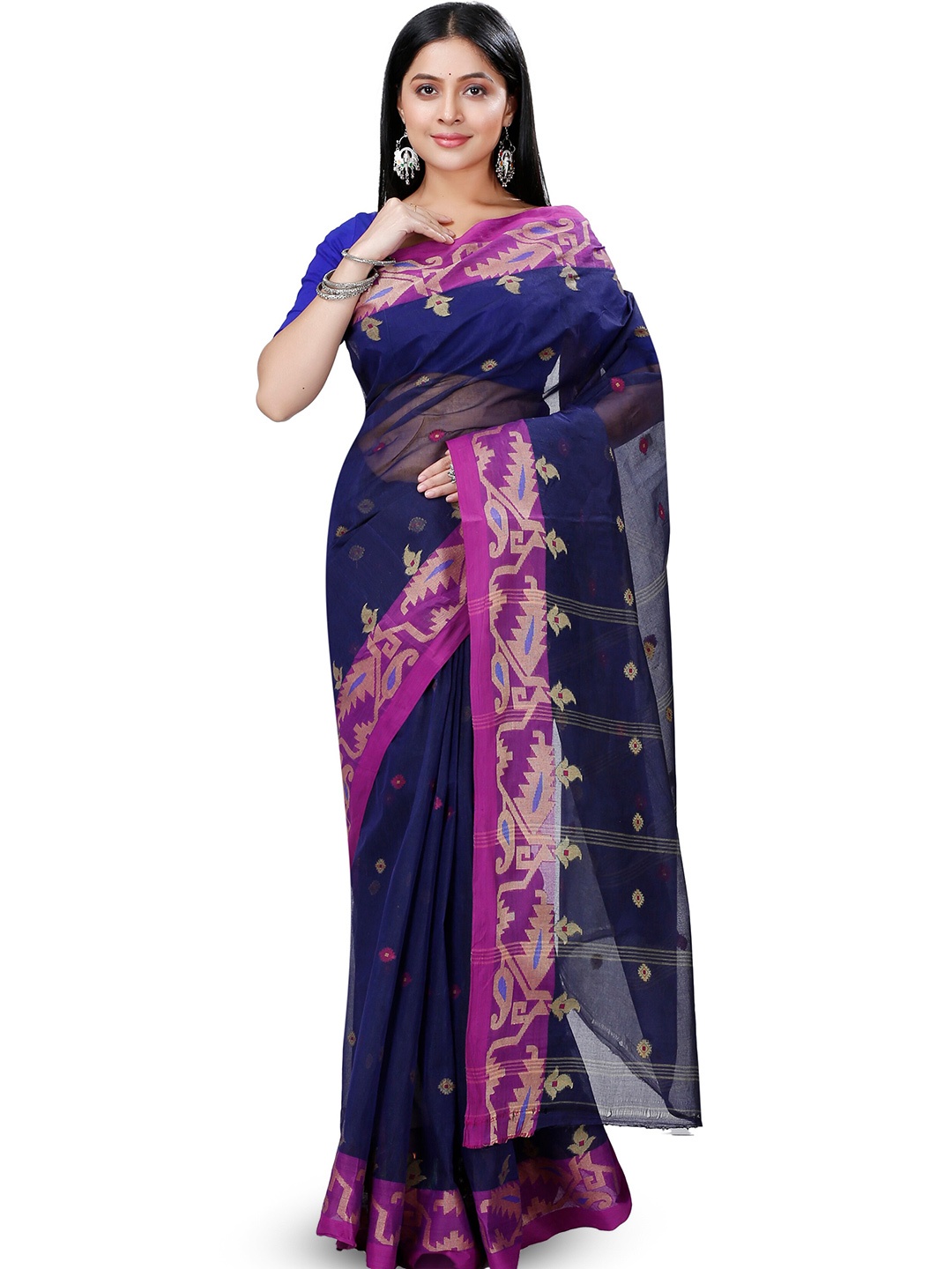 

PuJoy Ethnic Motifs Woven Design Zari Pure Cotton Taant Saree, Blue