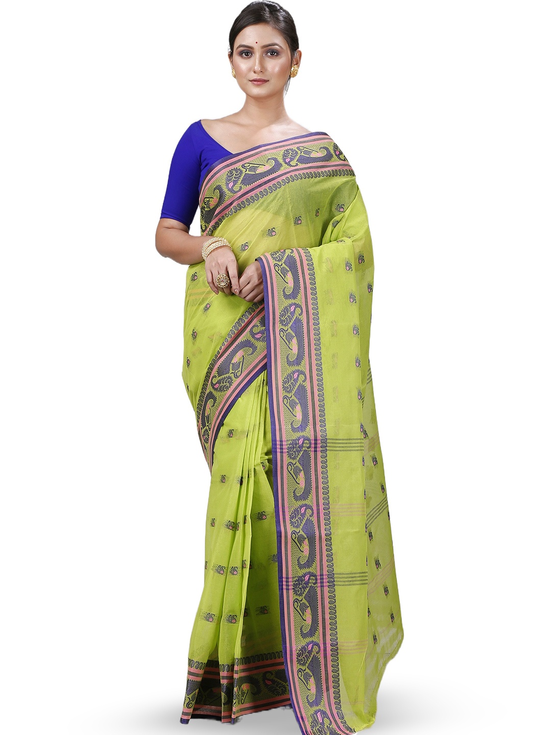 

PuJoy Ethnic Motifs Woven Design Pure Cotton Taant Saree, Green