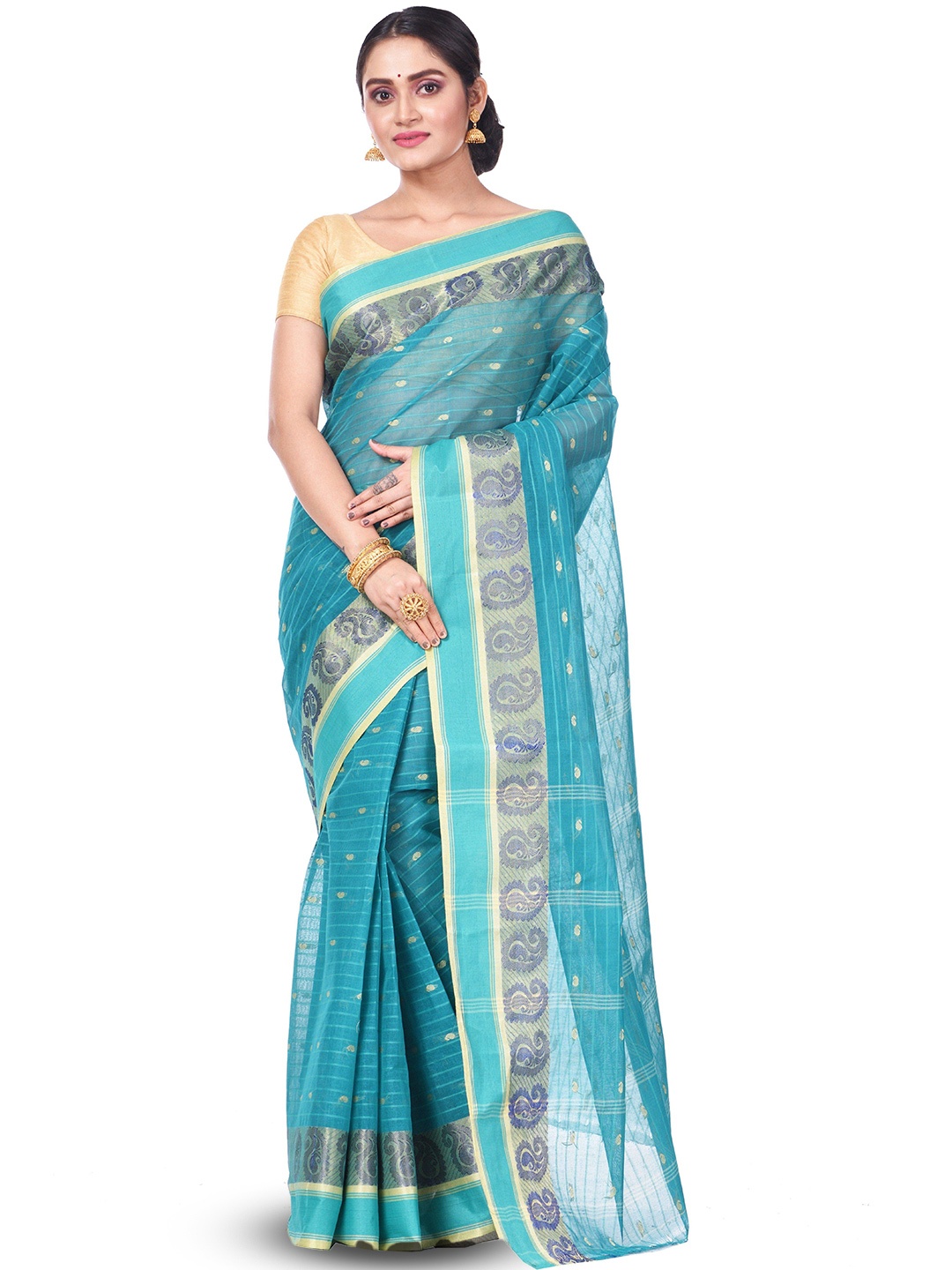 

PuJoy Ethnic Motifs Woven Design Zari Pure Cotton Taant Saree, Green