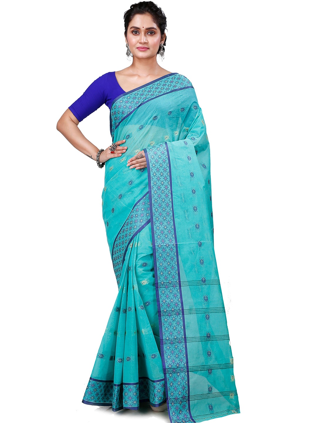 

PuJoy Ethnic Motifs Woven Design Pure Cotton Taant Saree, Sea green