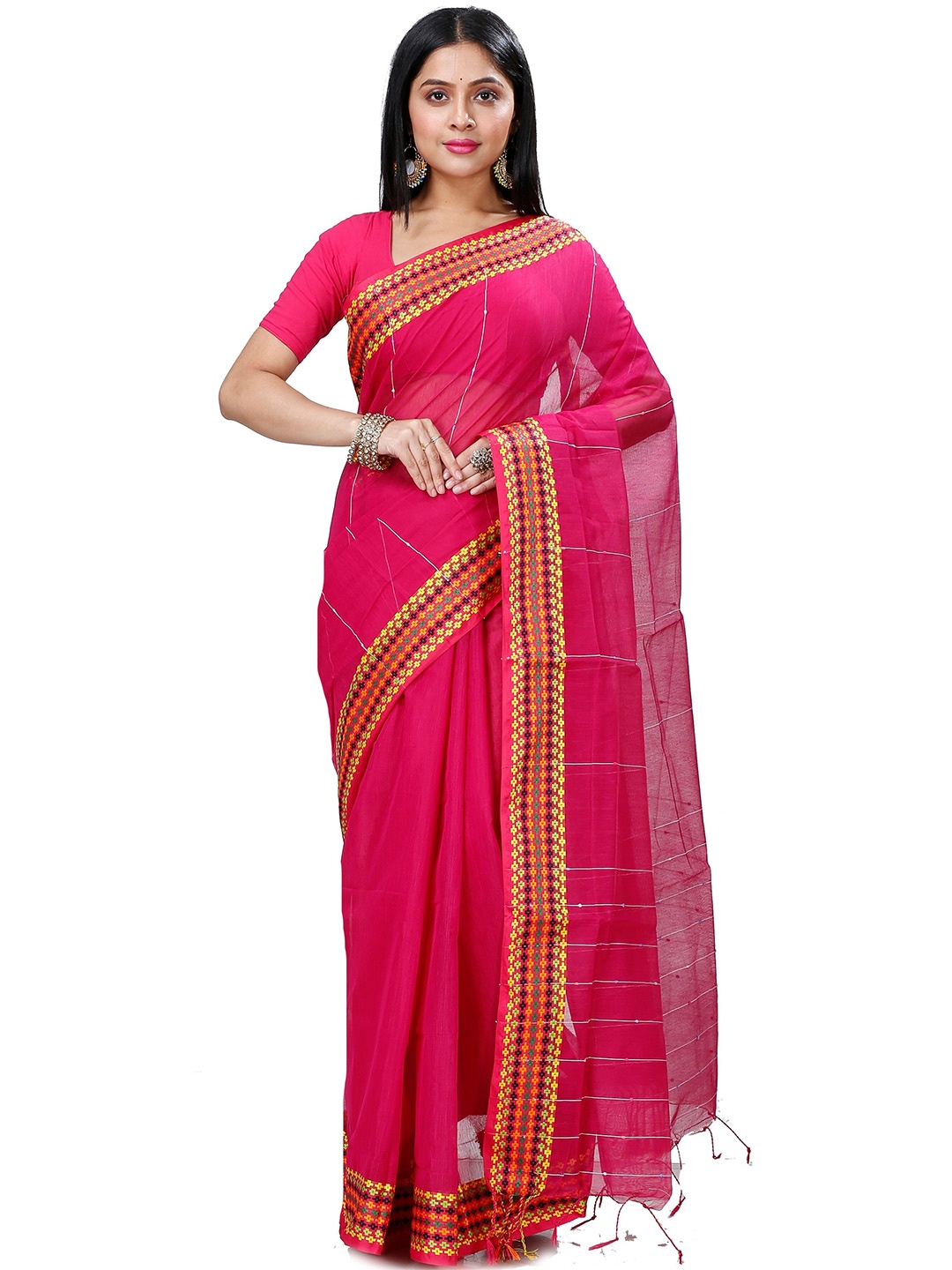 

PuJoy Striped Taant Saree, Pink
