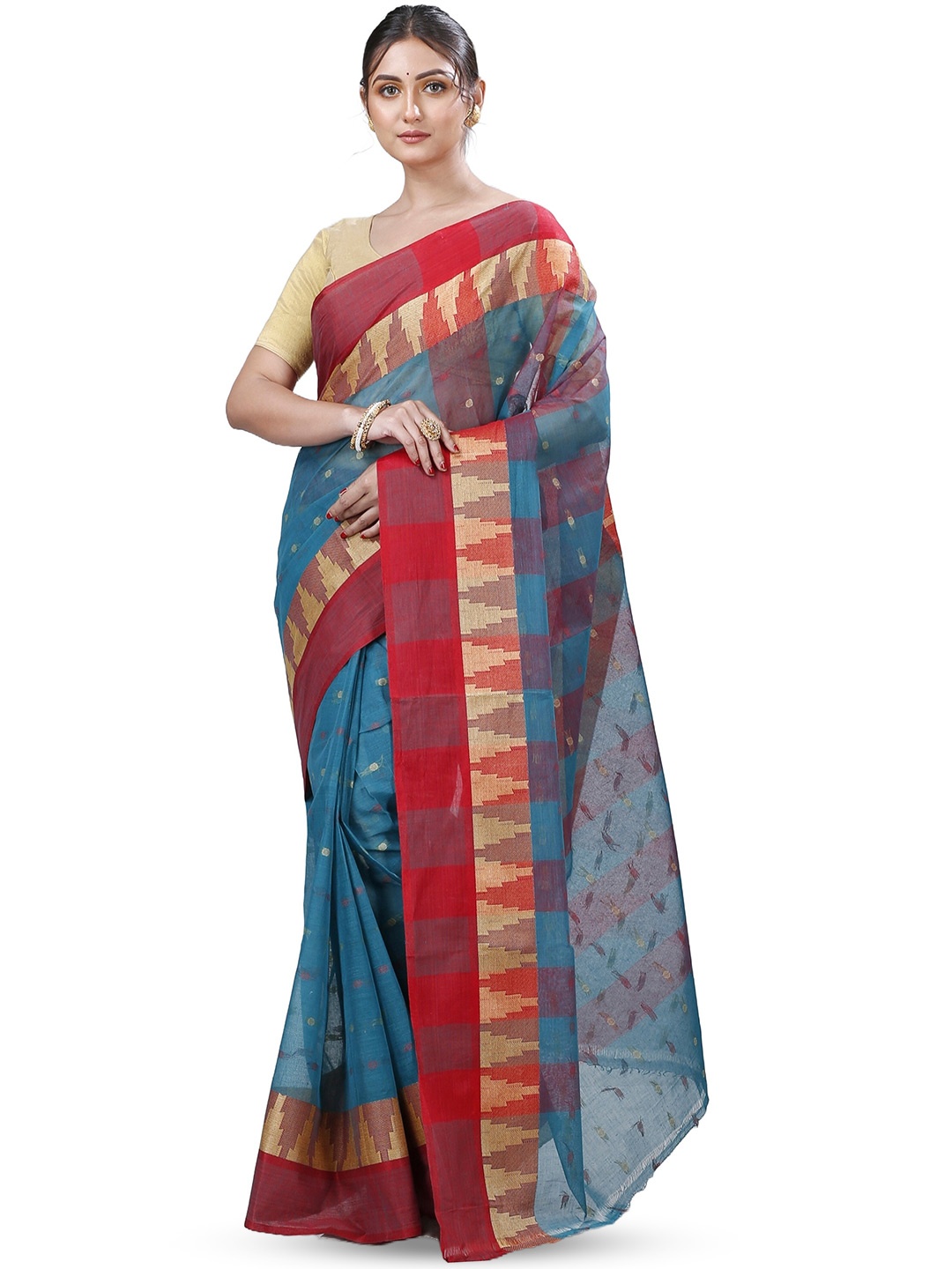 

PuJoy Ethnic Motifs Woven Design Pure Cotton Taant Saree, Blue
