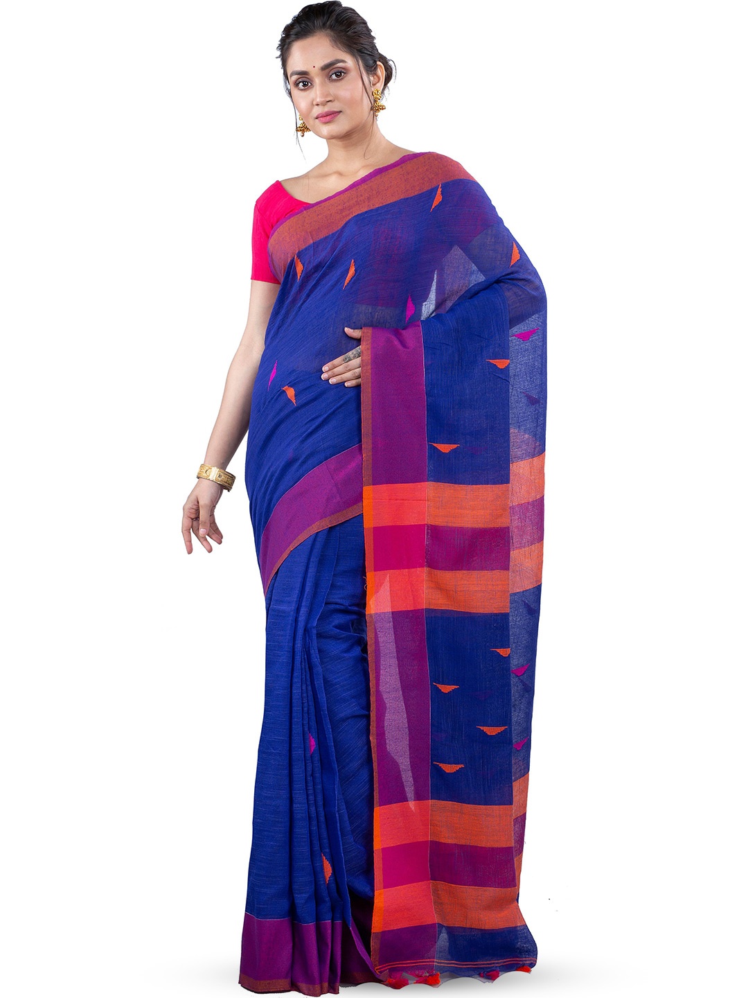 

PuJoy Geometric Woven Design Pure Cotton Taant Saree, Blue