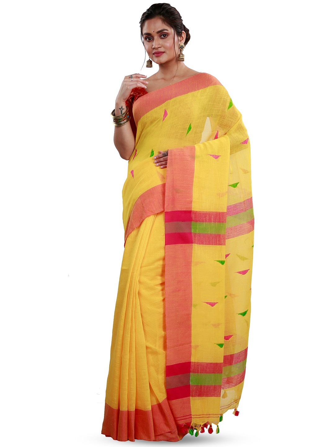 

PuJoy Geometric Woven Design Pure Cotton Taant Saree, Yellow