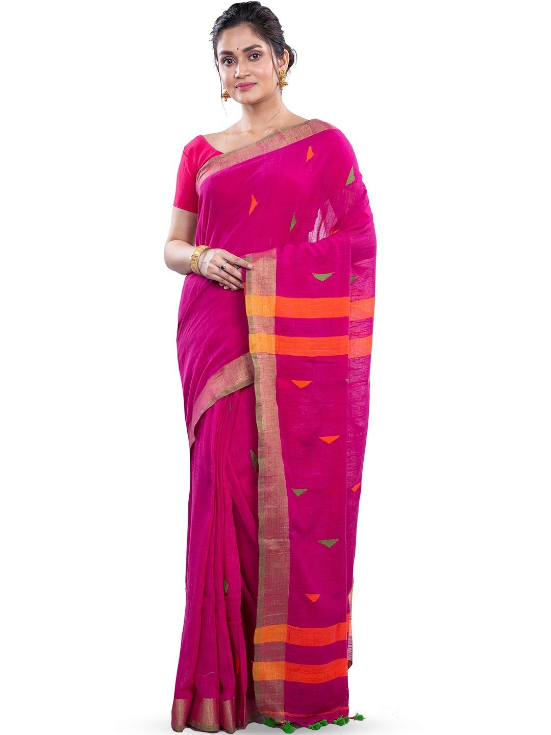 

PuJoy Woven Design Zari Pure Cotton Taant Saree, Purple