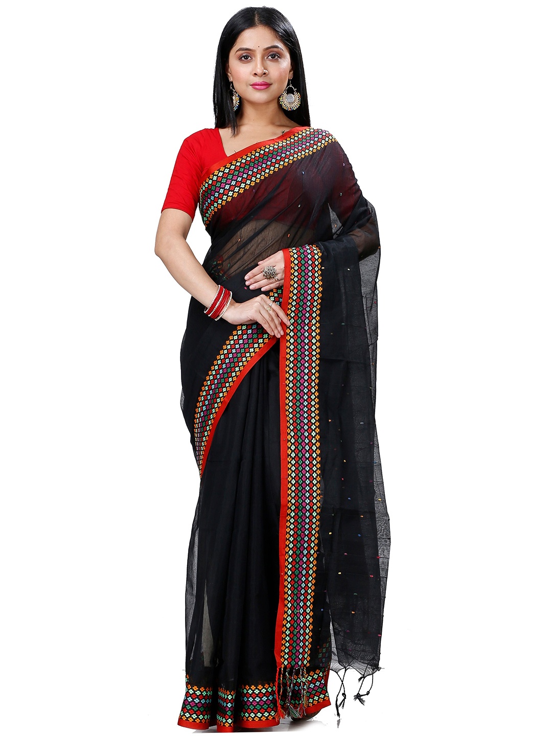 

PuJoy Geometric Woven Design Taant Saree, Black