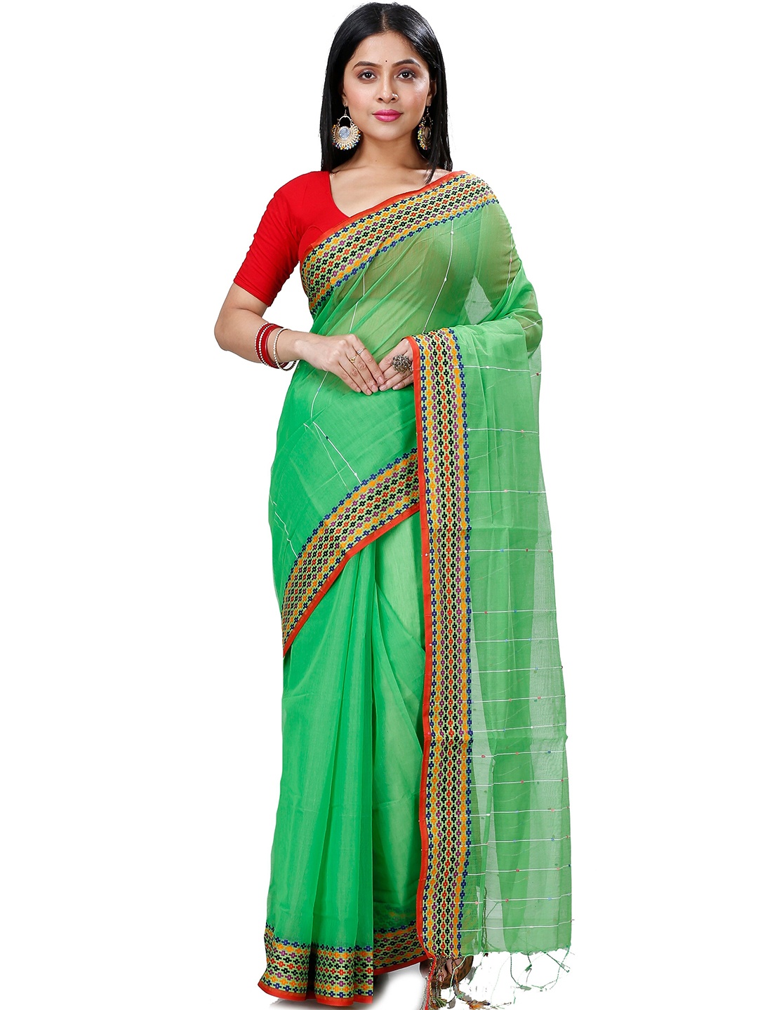 

PuJoy Striped Woven Design Taant Saree, Green
