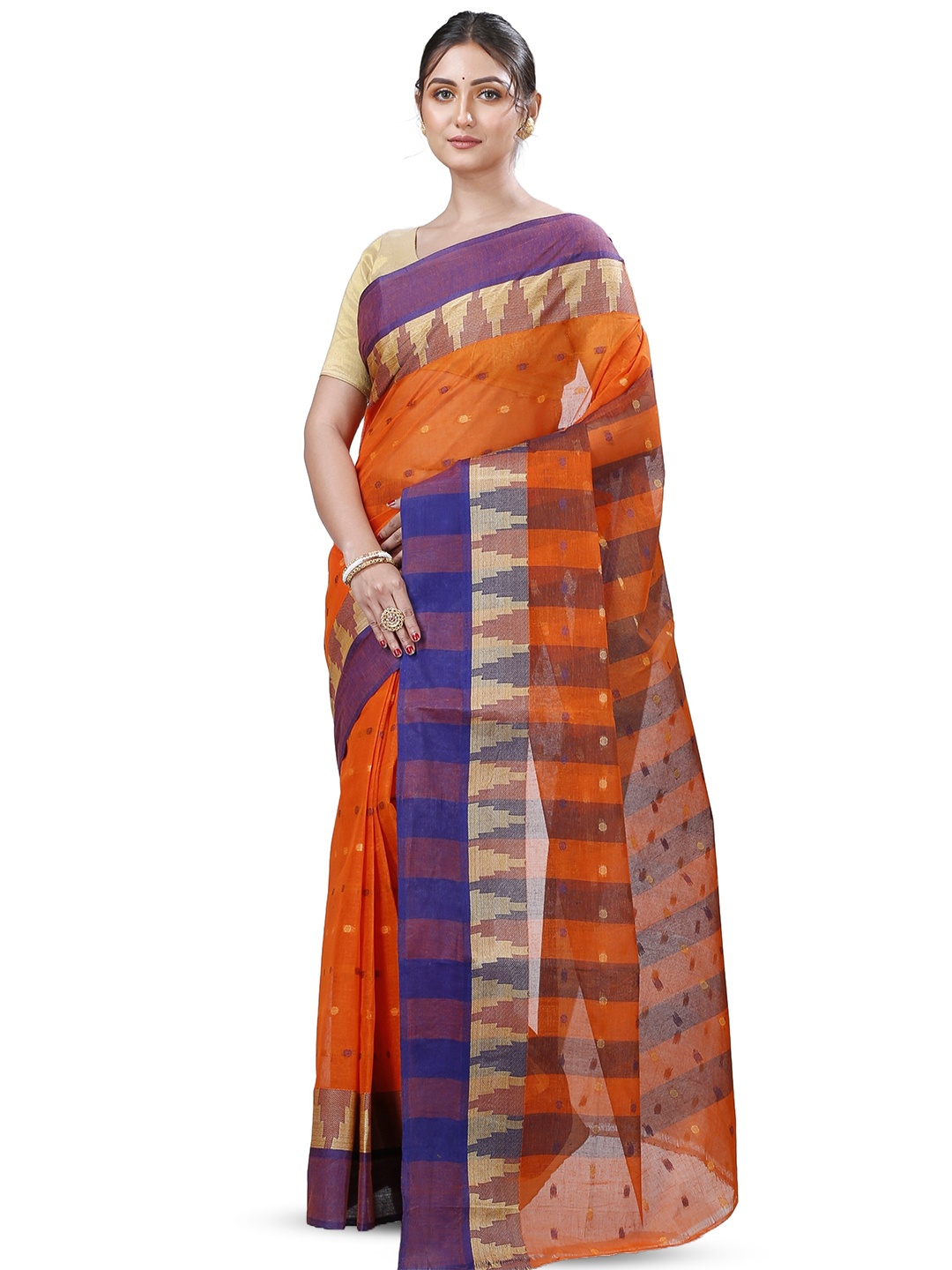 

PuJoy Ethnic Motifs Woven Design Pure Cotton Taant Saree, Orange