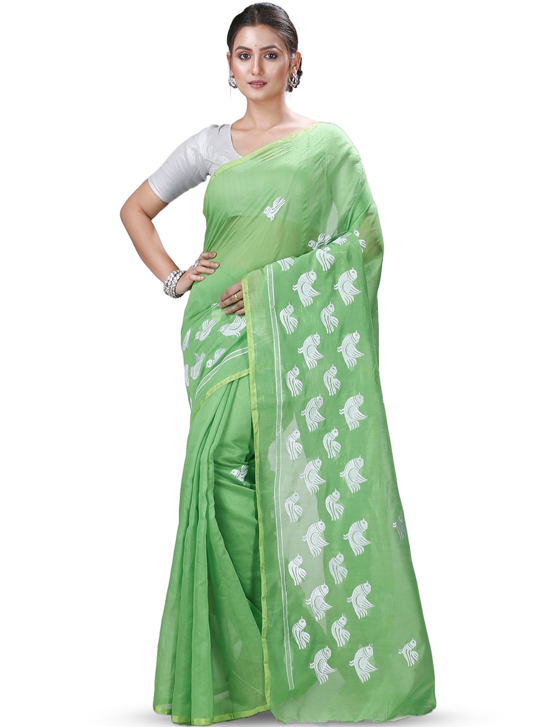 

PuJoy Ethnic Motifs Woven Design Zari Taant Saree, Green