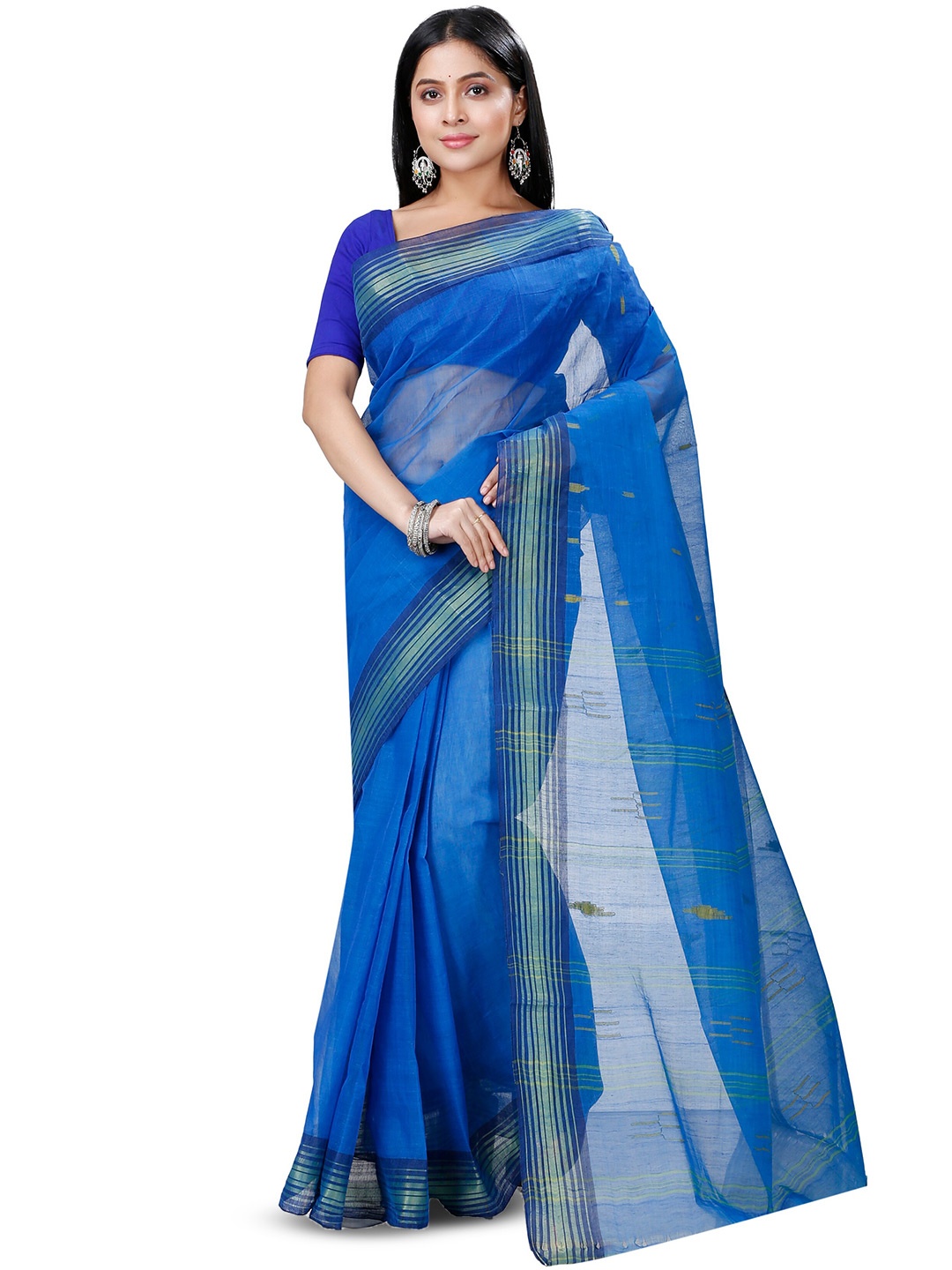 

PuJoy Striped Woven Design Zari Pure Cotton Taant Saree, Blue