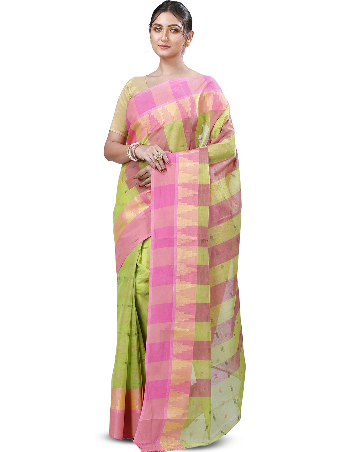 

PuJoy Ethnic Motifs Woven Design Pure Cotton Taant Saree, Green