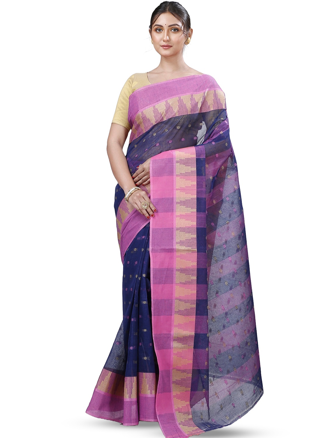 

PuJoy Ethnic Motifs Woven Design Pure Cotton Taant Saree, Navy blue